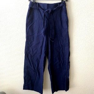 J crew Wide Leg Cropped Pants Womens Size 4 Belt Navy Blue  L7041 Linen Blend